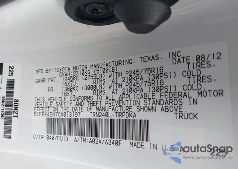 2012 Toyota Tacoma z USA, uszkodzony, nr VIN 5TFPX4EN7CX013197